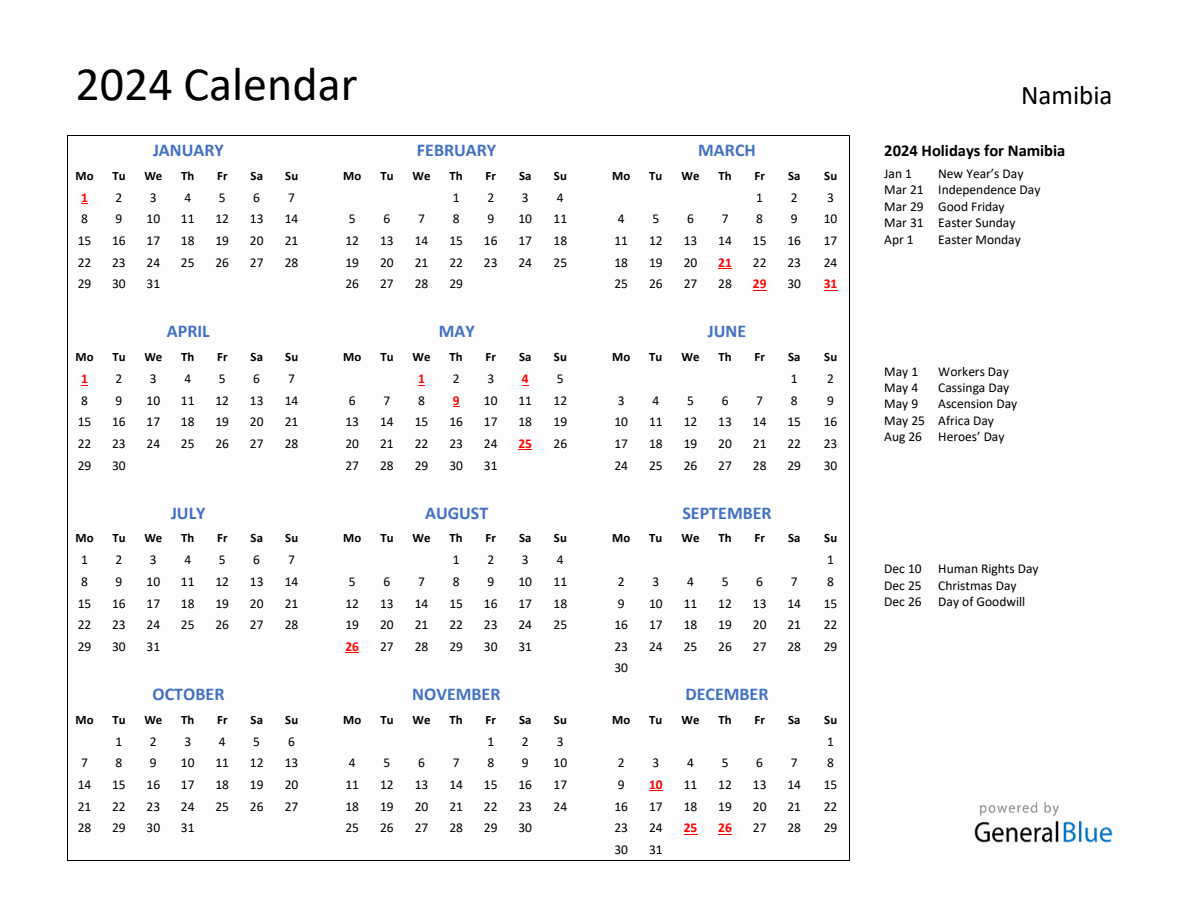 2024 Calendar with Holidays for Namibia