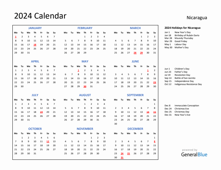 2024 Calendar with Holidays for Nicaragua