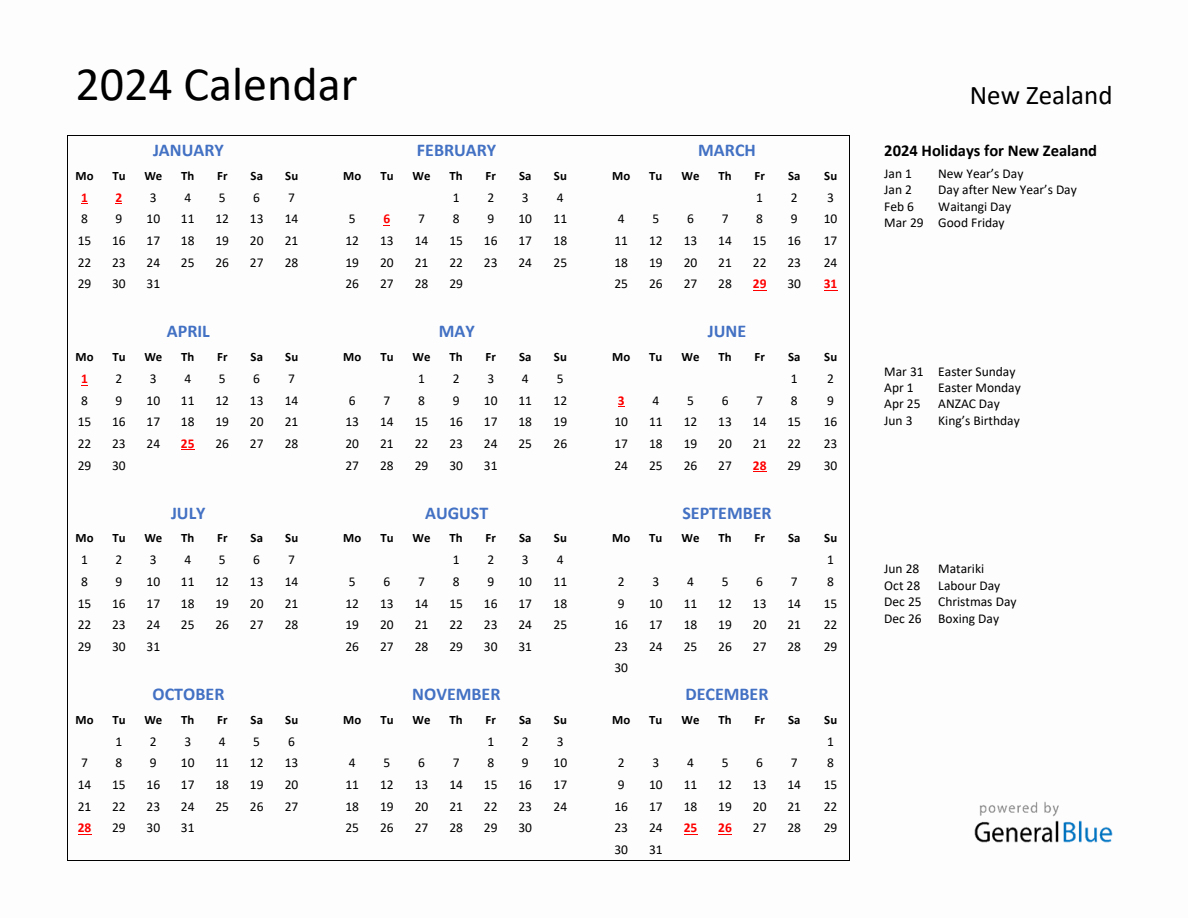 2024 Calendar with Holidays for New Zealand