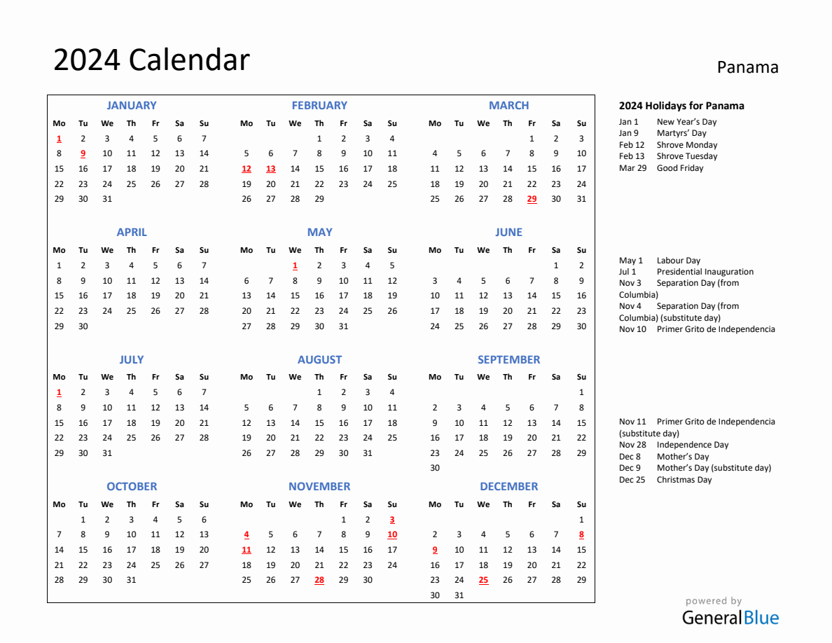 2024 Calendar with Holidays for Panama