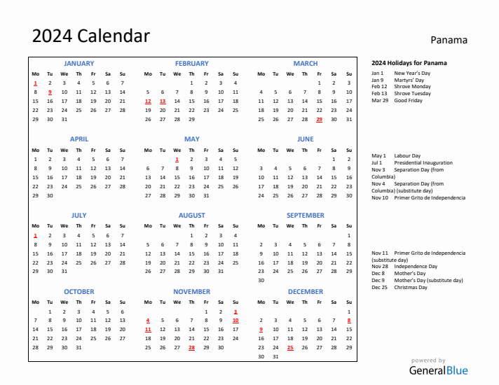 2024 Calendar with Holidays for Panama