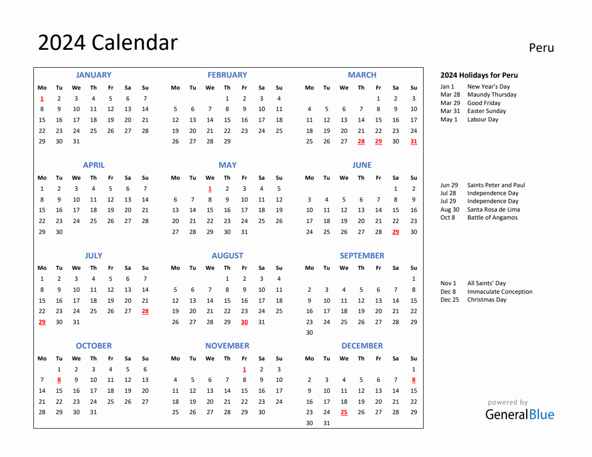 2024 Calendar with Holidays for Peru