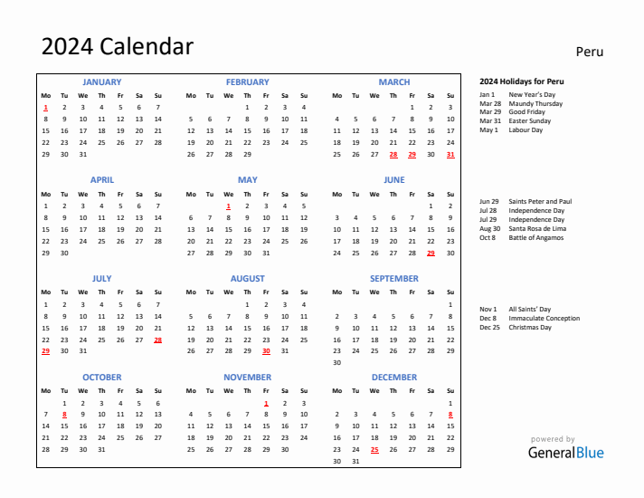2024 Calendar with Holidays for Peru