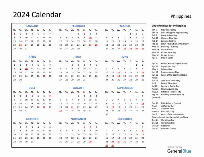 2024 Calendar with Holidays for Philippines