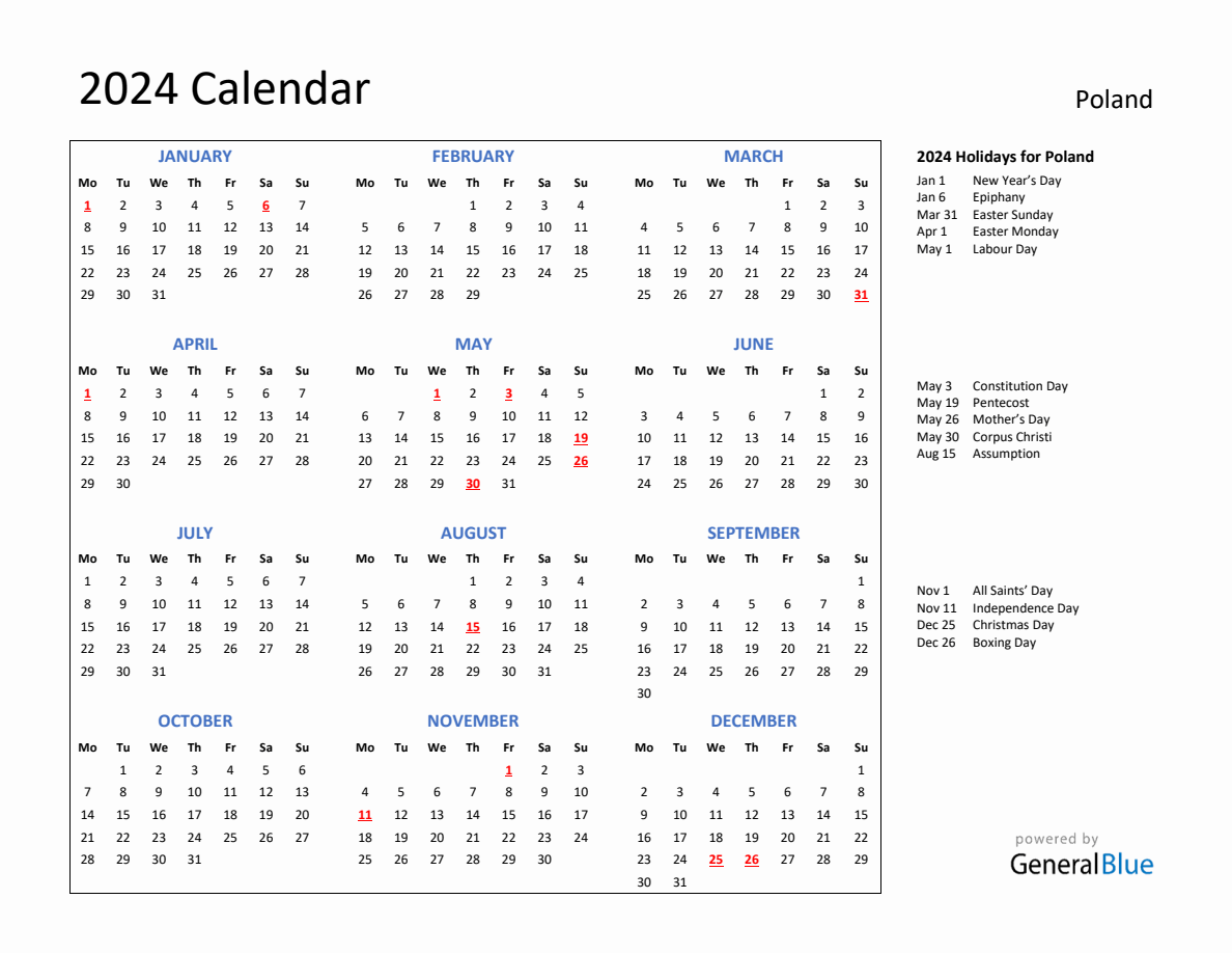 2024 Calendar with Holidays for Poland