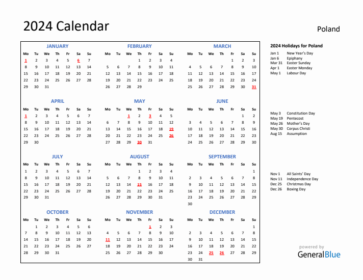 2024 Calendar with Holidays for Poland