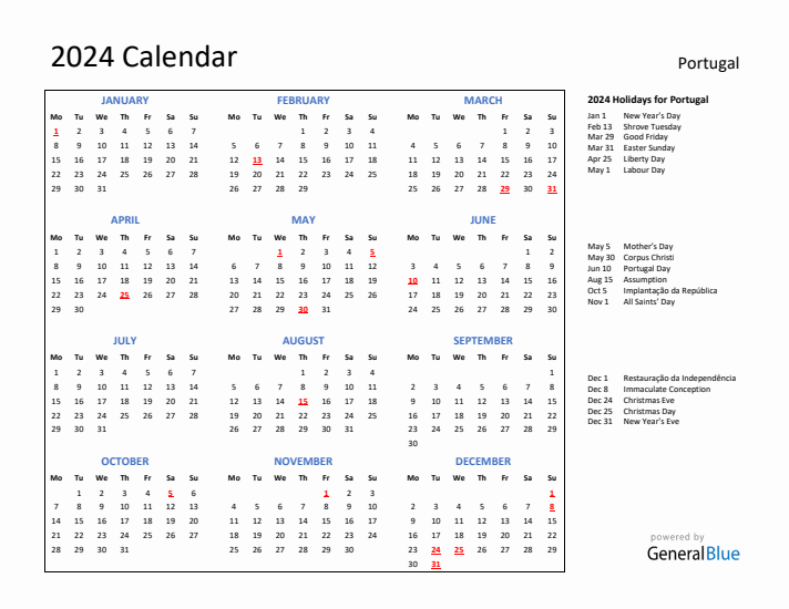 2024 Calendar with Holidays for Portugal