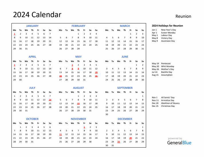 2024 Calendar with Holidays for Reunion