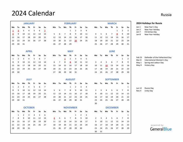 2024 Calendar with Holidays for Russia