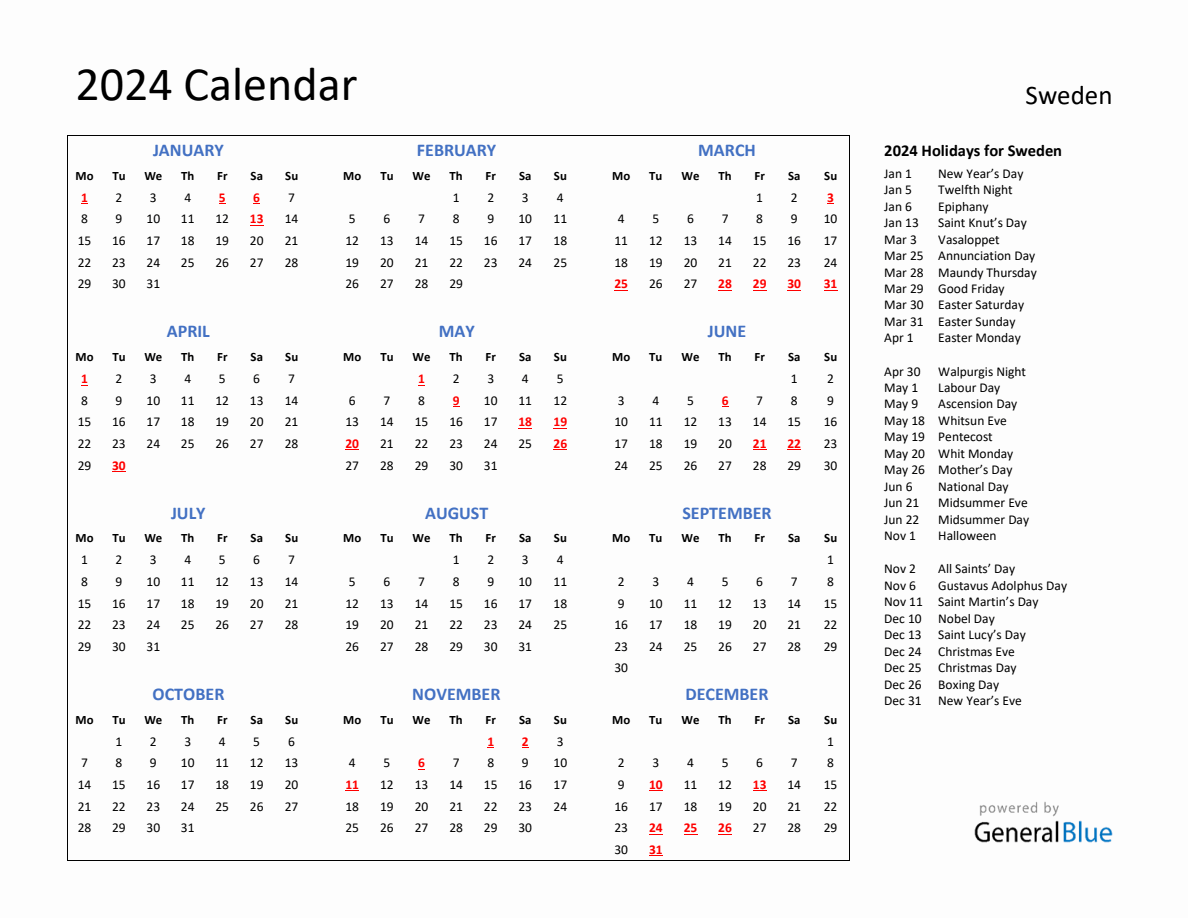 2024 Calendar with Holidays for Sweden