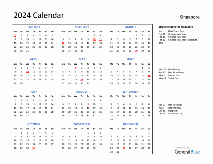 2024 Calendar with Holidays for Singapore