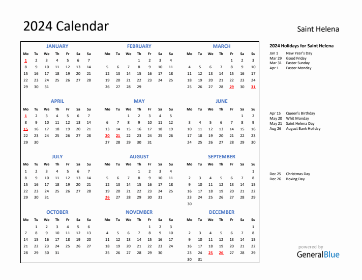 2024 Calendar with Holidays for Saint Helena