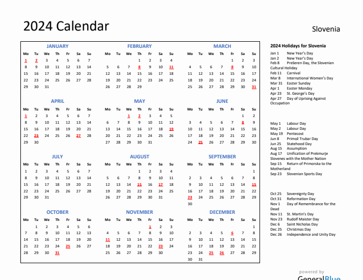 2024 Calendar with Holidays for Slovenia