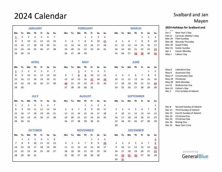 2024 Calendar with Holidays for Svalbard and Jan Mayen