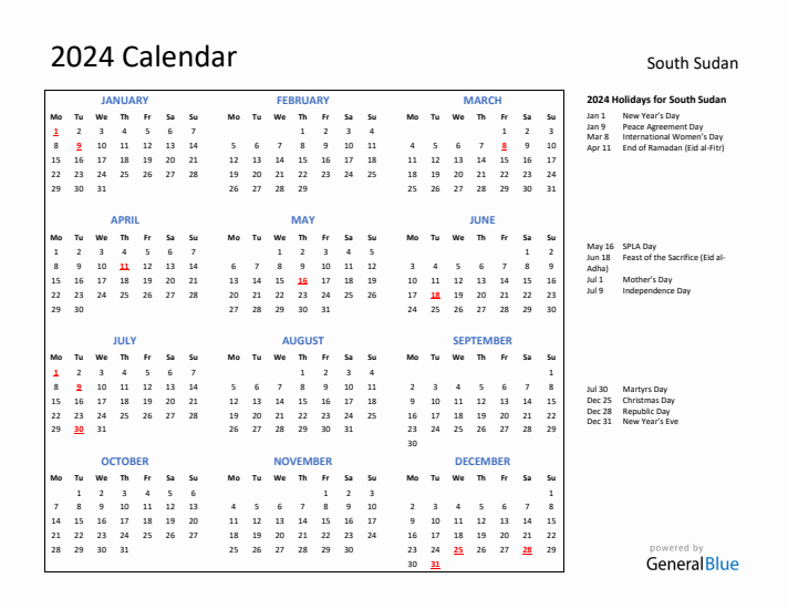 2024 Calendar with Holidays for South Sudan