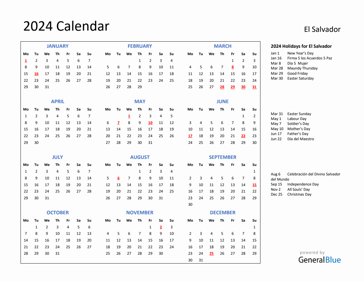 2024 Calendar with Holidays for El Salvador