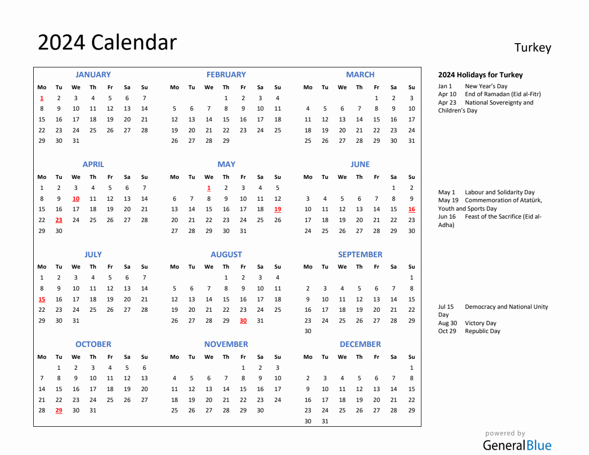 2024 Calendar with Holidays for Turkey