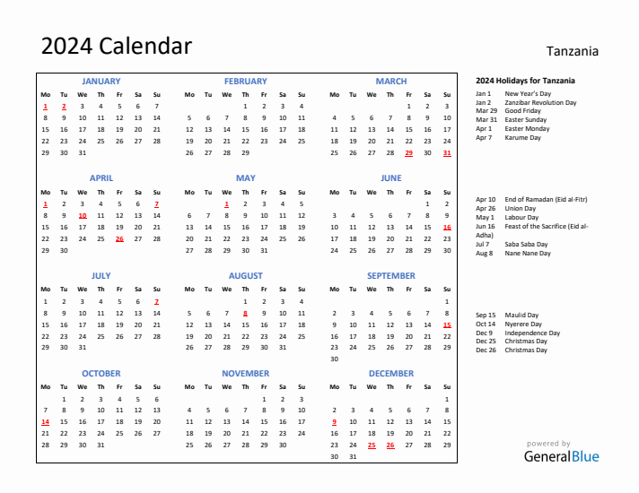 2024 Calendar with Holidays for Tanzania