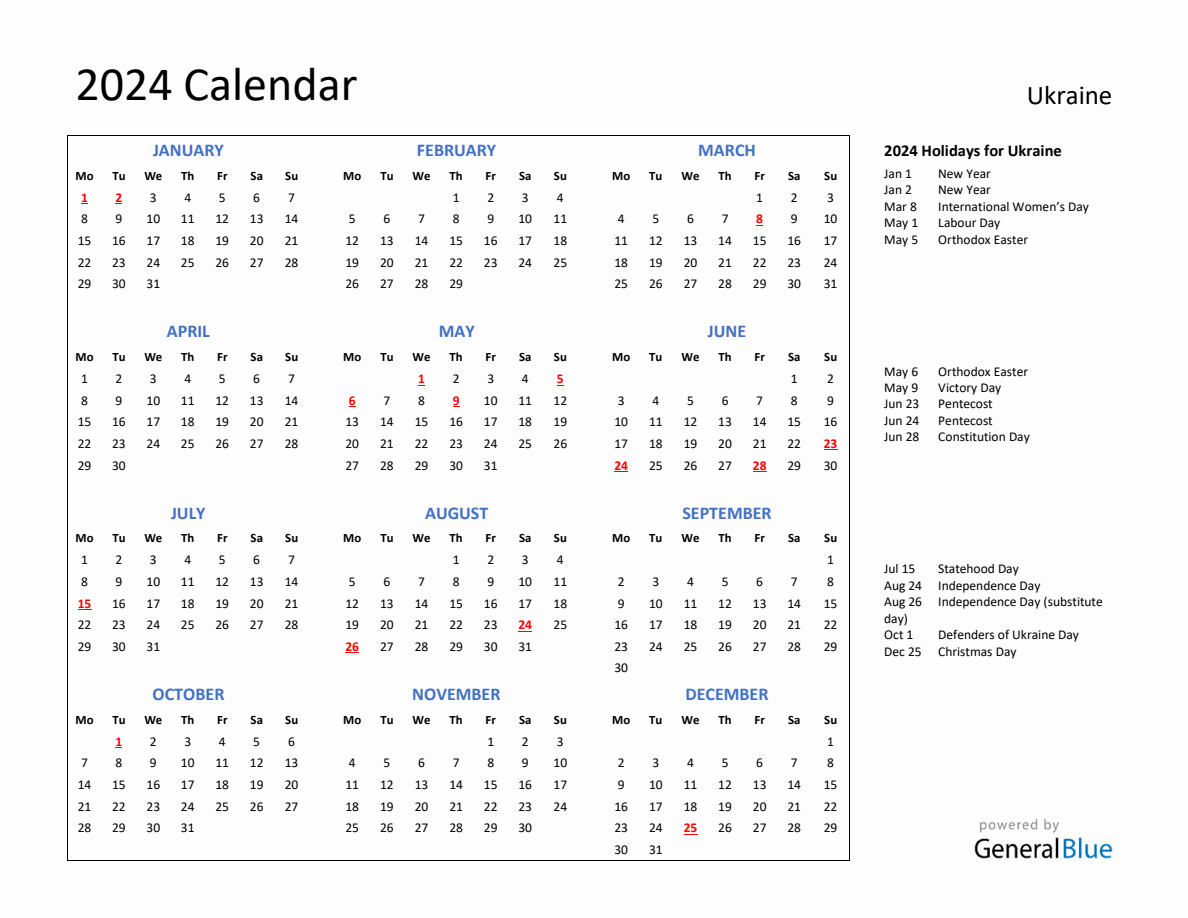 2024 Calendar with Holidays for Ukraine