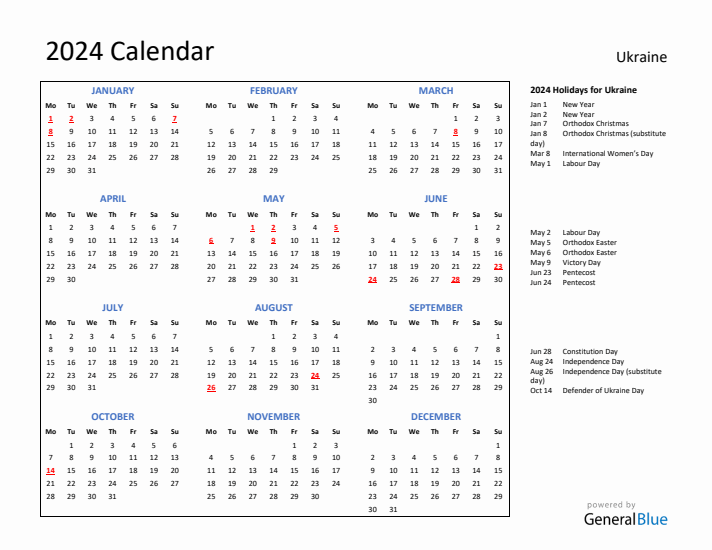 2024 Calendar with Holidays for Ukraine