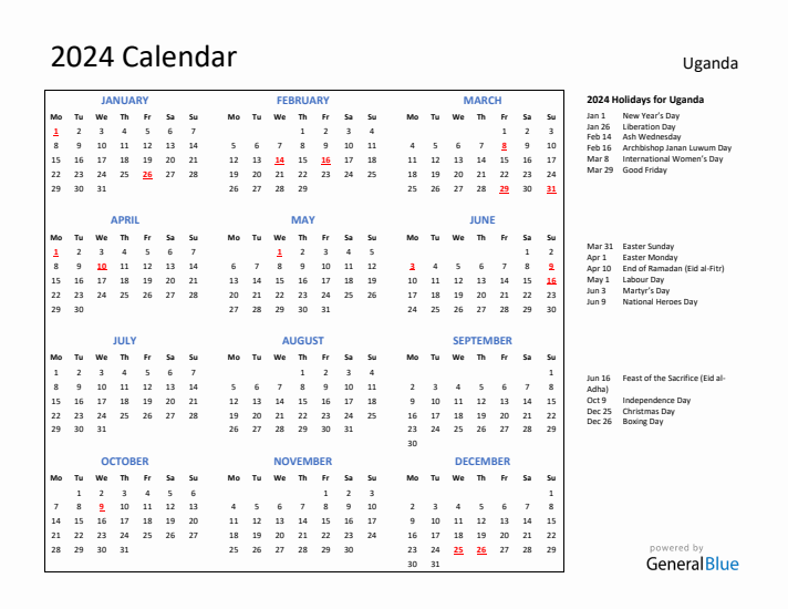 2024 Calendar Plain With Holidays Landscape Monday Start En Ug 712x550 