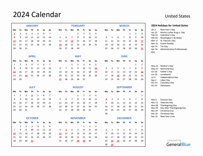 2024 Calendar with Holidays for United States