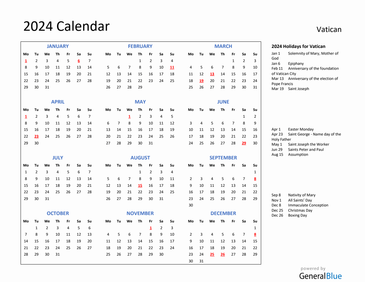 2024 Calendar with Holidays for Vatican