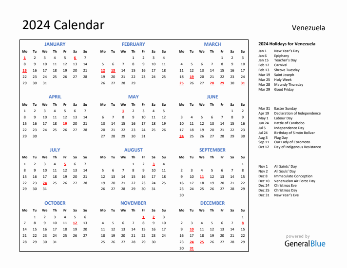 2024 Calendar with Holidays for Venezuela