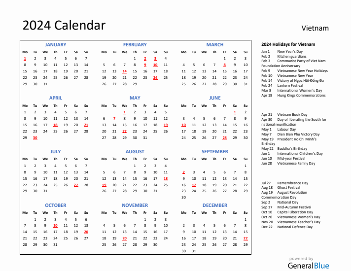 2024 Calendar with Holidays for Vietnam
