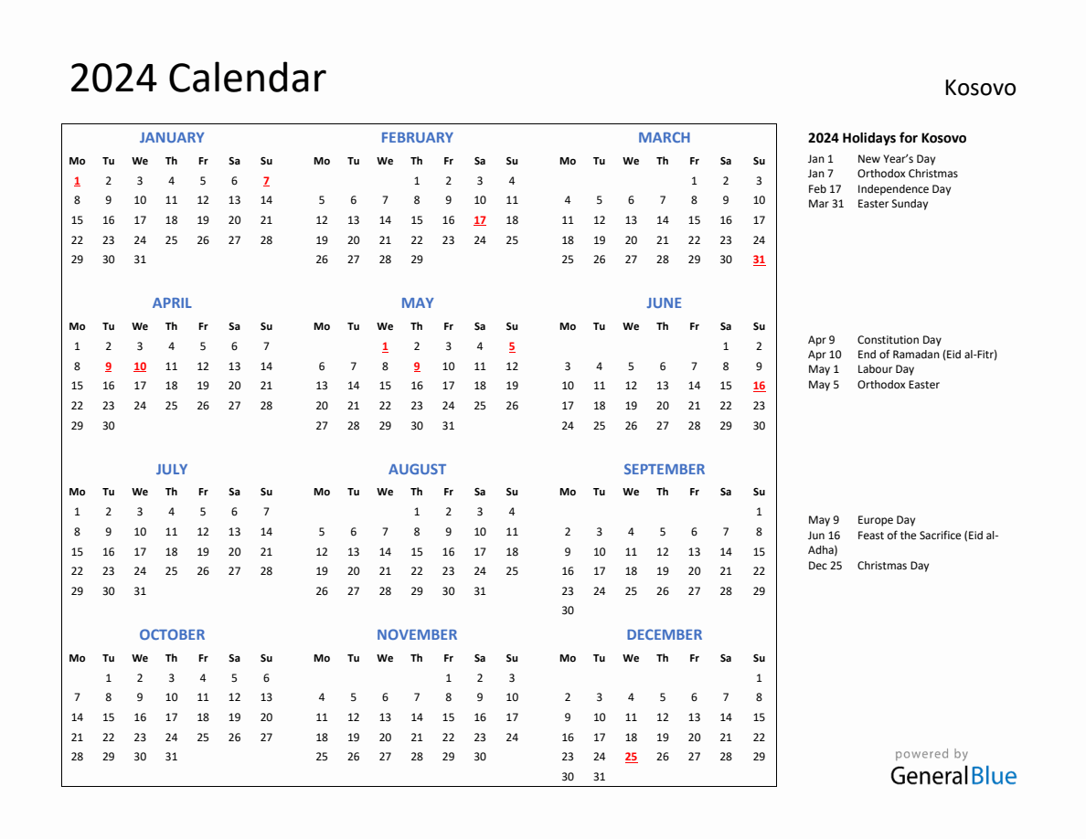 2024 Calendar with Holidays for Kosovo