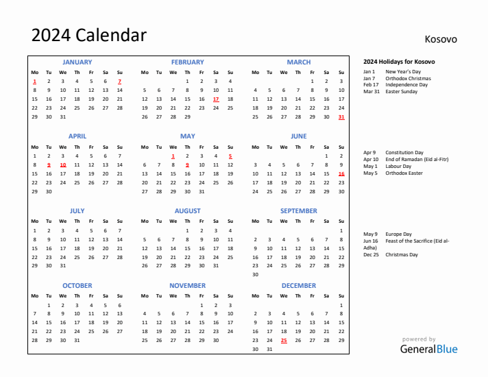 2024 Calendar with Holidays for Kosovo