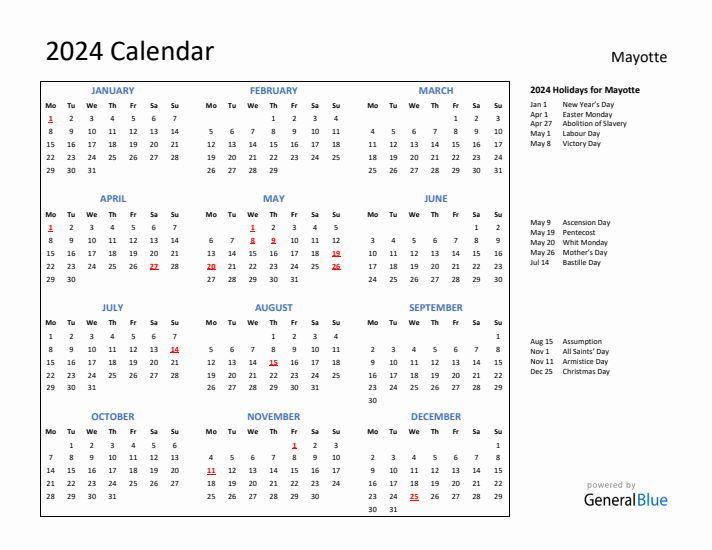 2024 Calendar with Holidays for Mayotte