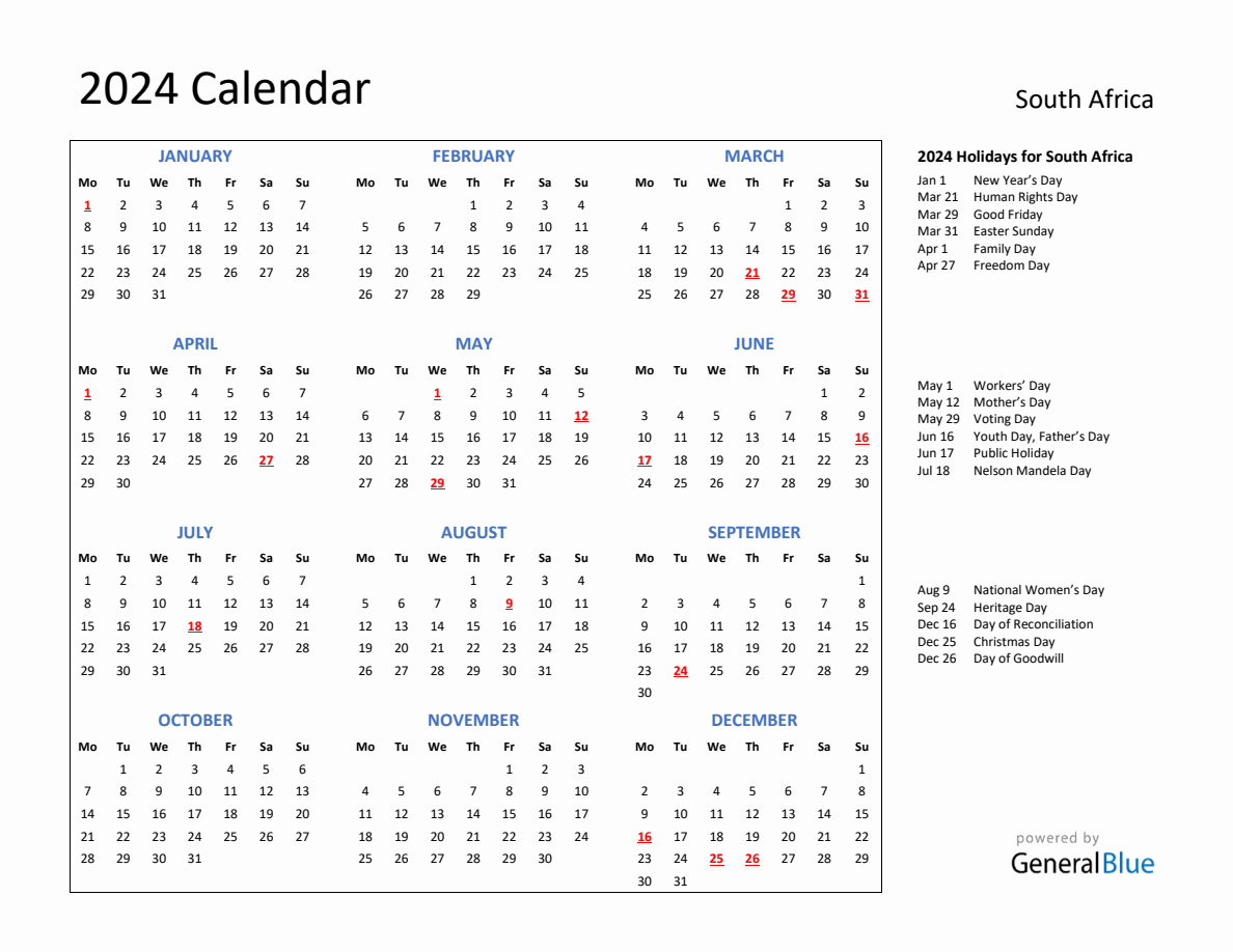 2024 Calendar with Holidays for South Africa