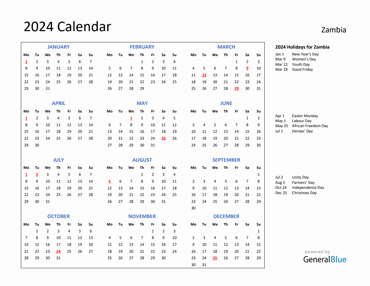 2024 Calendar with Holidays for Zambia