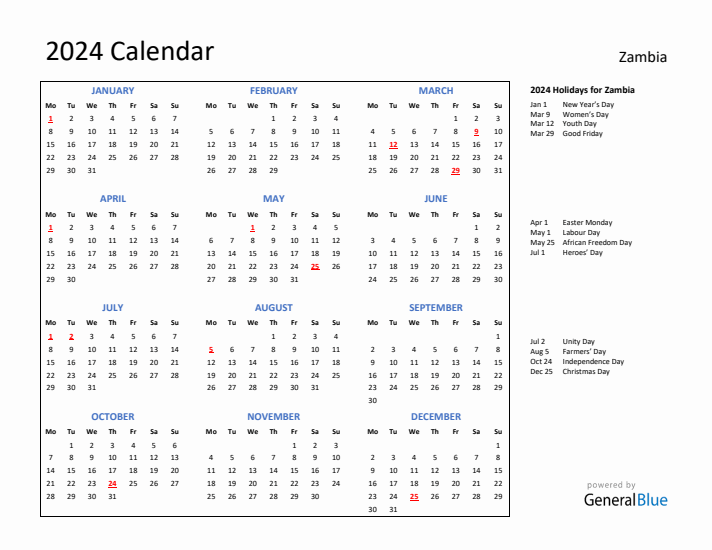 2024 Calendar with Holidays for Zambia