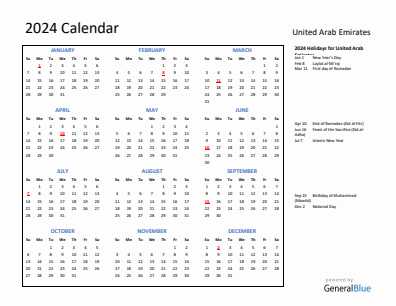 United Arab Emirates current year calendar 2024 with holidays