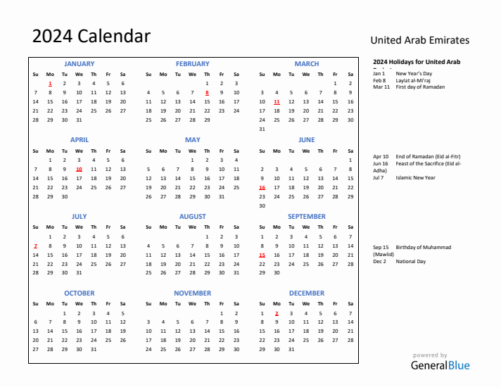 2024 Calendar with Holidays for United Arab Emirates