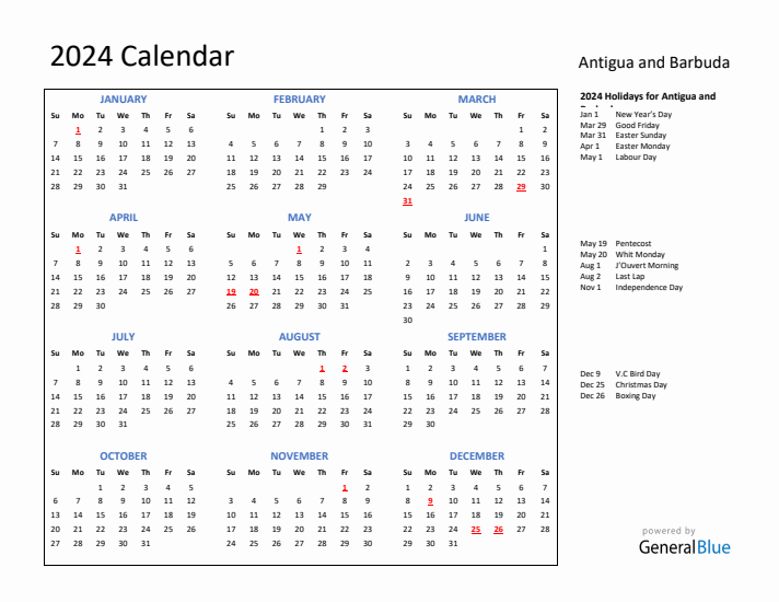2024 Calendar with Holidays for Antigua and Barbuda