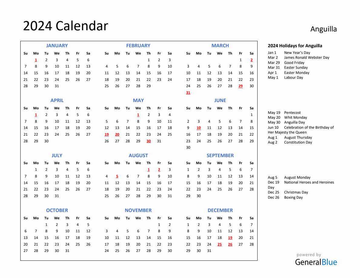 2024 Calendar with Holidays for Anguilla