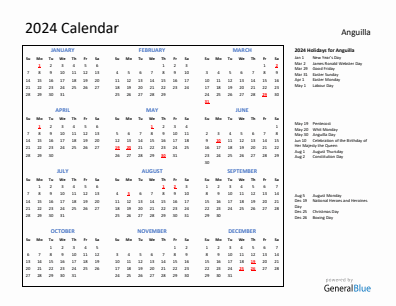 Anguilla current year calendar 2024 with holidays
