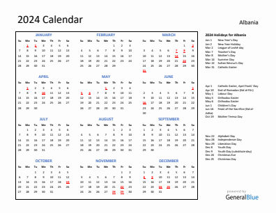 Albania current year calendar 2024 with holidays