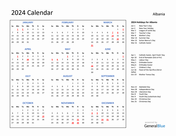 2024 Calendar with Holidays for Albania