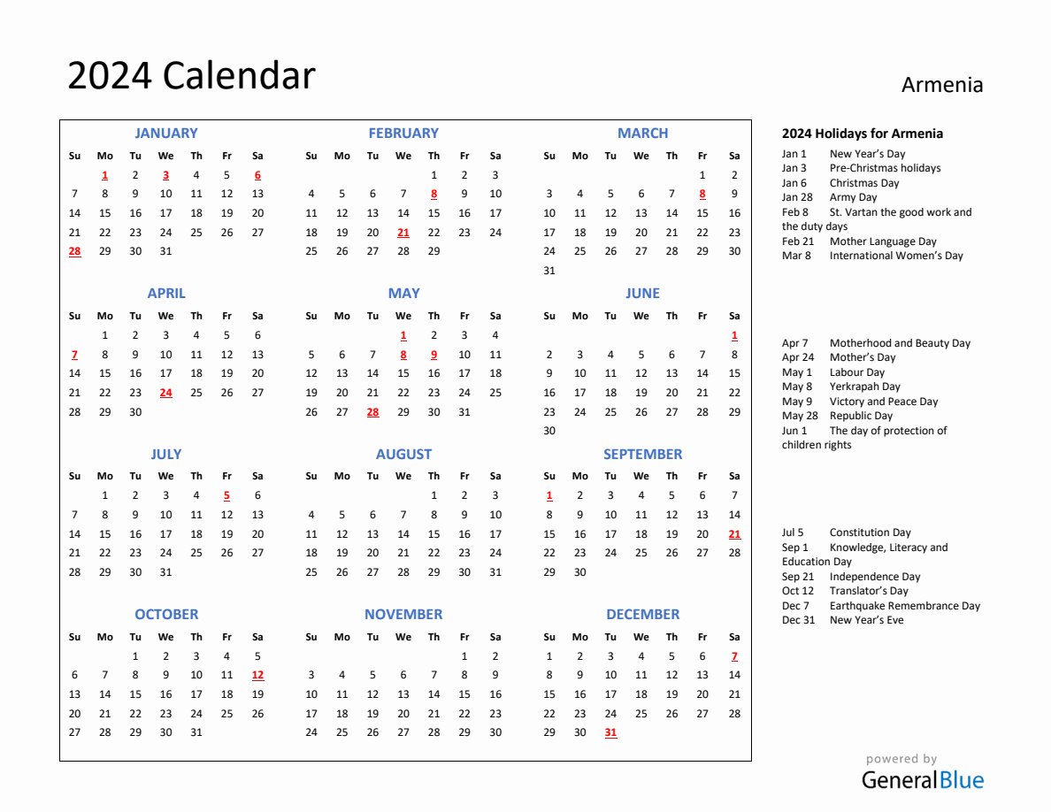 2024 Calendar with Holidays for Armenia