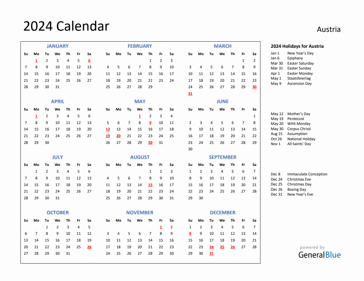 2024 Calendar with Holidays for Austria