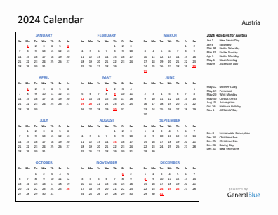 Austria current year calendar 2024 with holidays