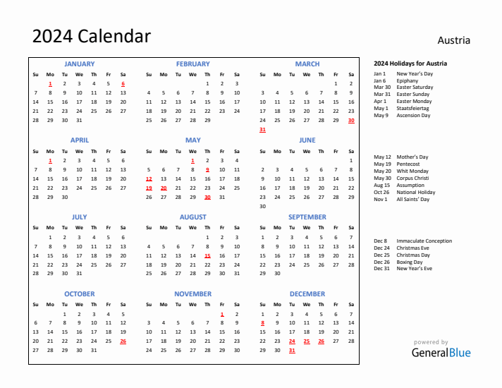 2024 Austria Calendar with Holidays