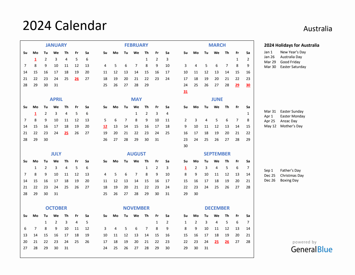 2024 Calendar with Holidays for Australia