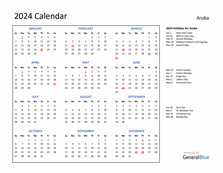 2024 Calendar with Holidays for Aruba