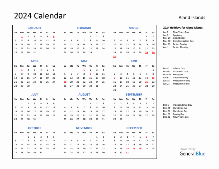 2024 Calendar with Holidays for Aland Islands