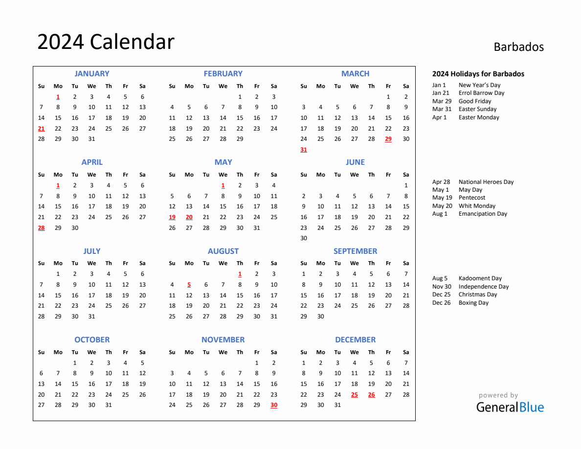 2024 Calendar with Holidays for Barbados